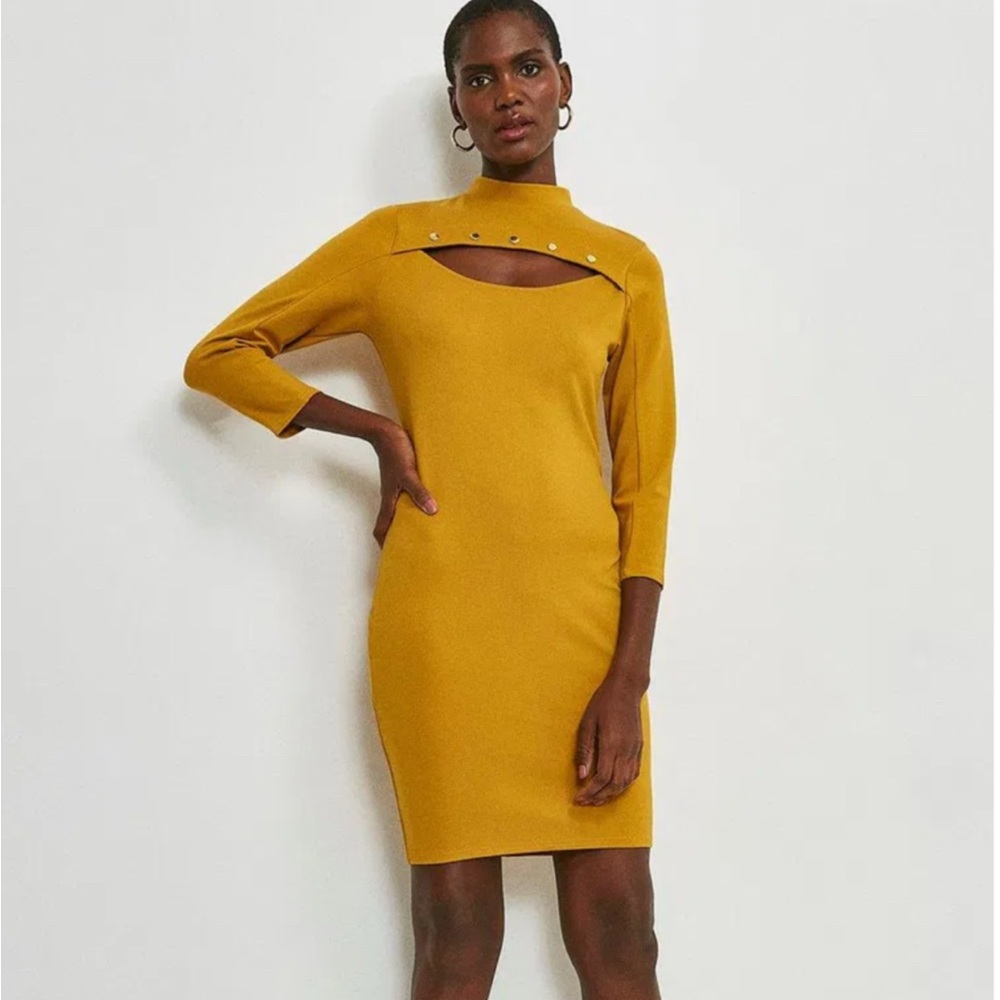 Karen Millen Mustard Cutout Rivet Long Sleeve Dress Sz Medium NWT